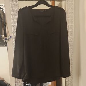 Apt. 9 Black Long-Sleeve V-Neck Blouse with Chest Pockets